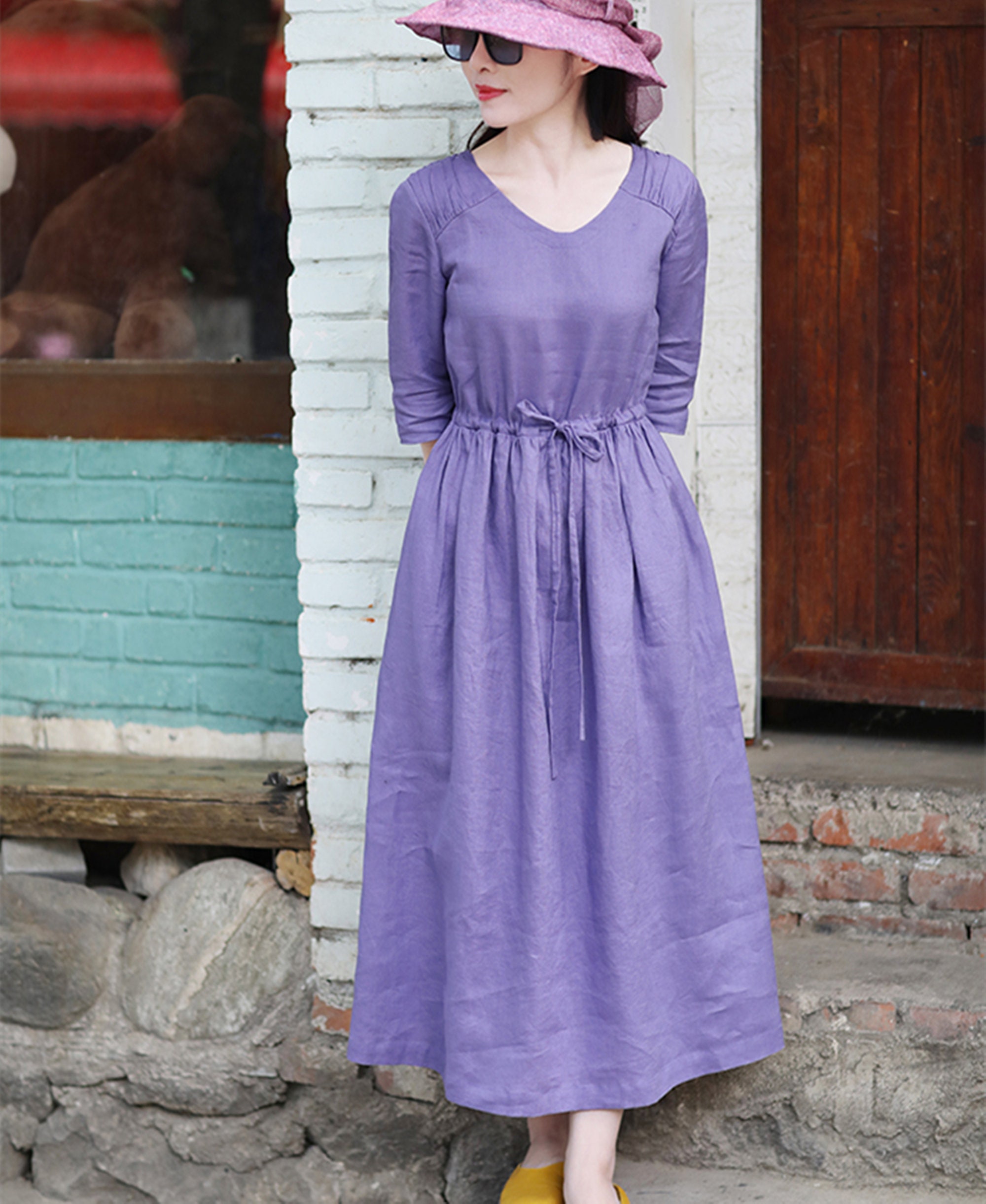 Purple Linen Dresshalf Sleeve Linen Maxi Dresspleated - Etsy