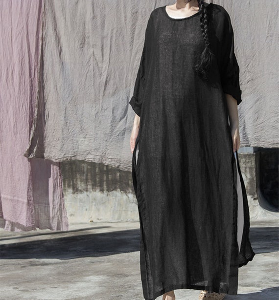 Black Linen Dress, Loose Tunic Gown, Side Slit, Plus Size Clothing - Etsy  Denmark
