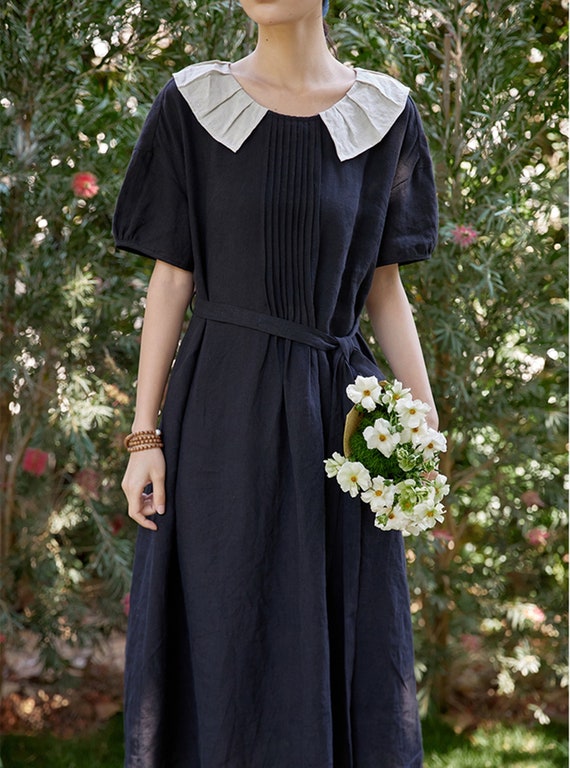 Black Linen Dress,Linen Belt Dress,Vintage Dress,Smock Linen Dress,Midi Summer Dress,Women Long Linen Dress