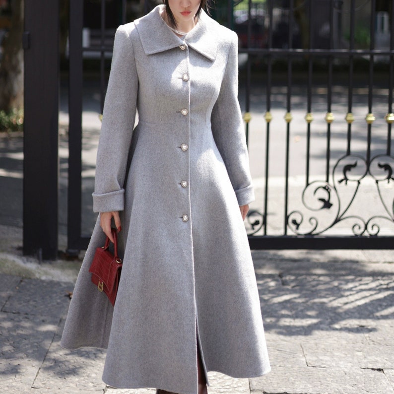 Gray Wool Princess Coat,Fall Winter Wool Swing Coat,Pearl Buttons Elegant Coat,Vintage Long Wool Coat,Handmade Coat image 1