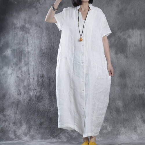 White Tunic Dress Long Kaftan Linen Dress Linen Maxi Dress Etsy