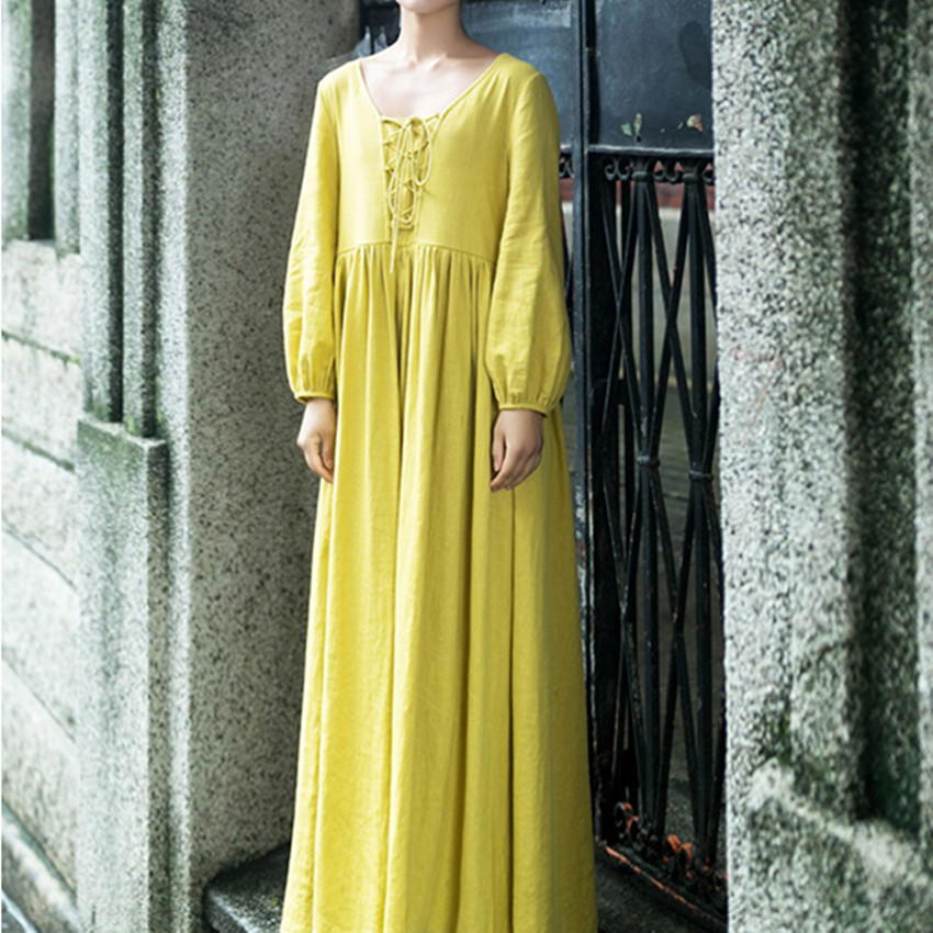 Linen Cotton Pleated Spring Long Sleeve Dress