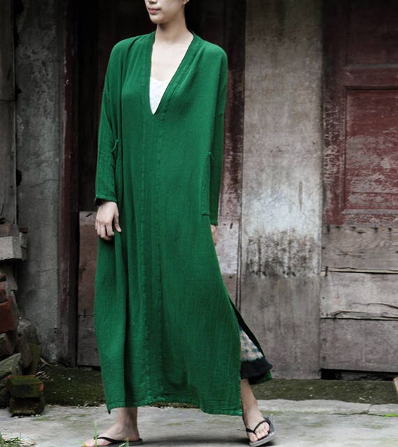 Green tunic dress v-neck cotton dress loose linen dress long split dress cotton dress party dress plus size clothing linen clothing
