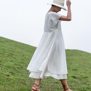 White tunic dress summer dress linen dress large size maxi dress short sleeve long dress pleated dress handmade dress white cotton dress