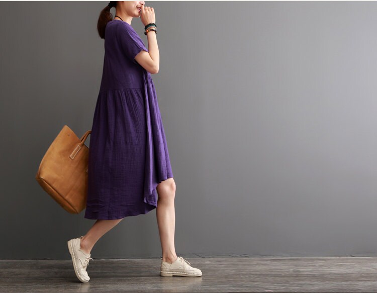 Women round neck maxi dress summer cotton blouse tunic dress cotton pleated dress linen dress Women linen clothing plus size clothing Women round neck maxi dress summer cotton blouse tunic dress cotton pleated dress linen dress Women linen clothing plus size clothing
