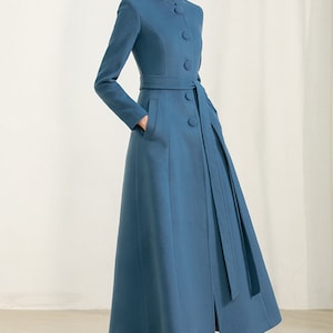 Blue Long Full Length Wool Jacket,high Collar Warm Cozy Coat,belt Coat ...