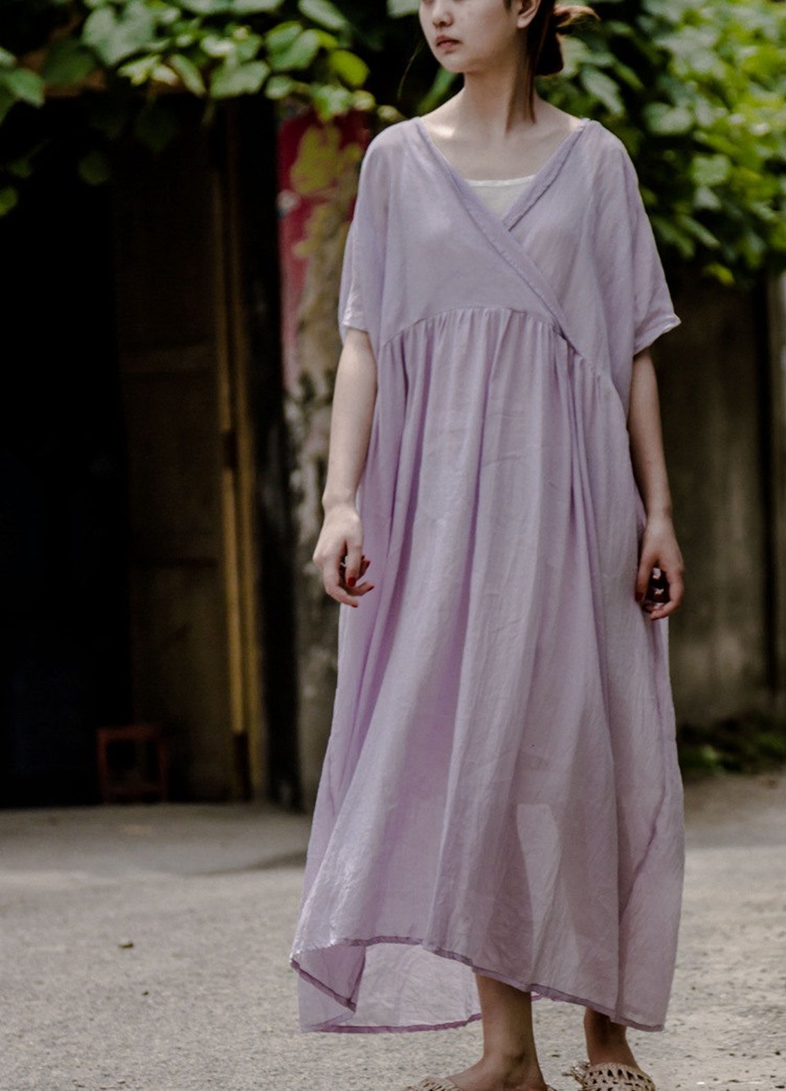 Women V round tunic dress summer linen dress long pleated Etsy