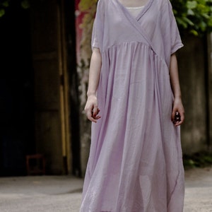 Women V round tunic dress summer linen dress long pleated dress linen maxi dress beach dress plus size linen clothing