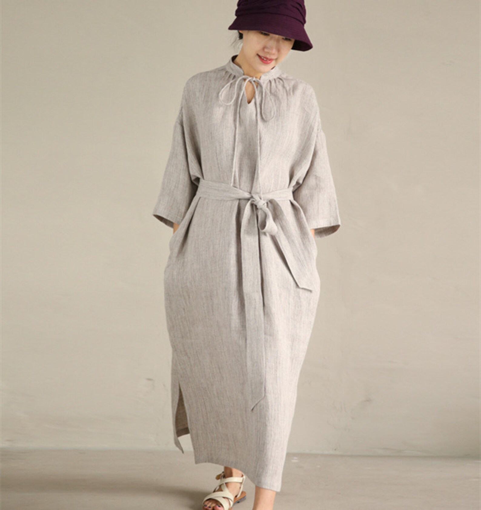 Women's Solid Linen Mini – Half Zip Collar 3/4 Sleeve Relaxed A-Line Casual Day Dress main image 0