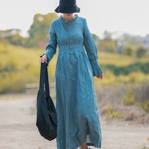 Blue tunic dress,long kaftan linen dress,long sleeve dress,linen shirt dress,ruffle dress,elegant dress,women dress plus size clothing