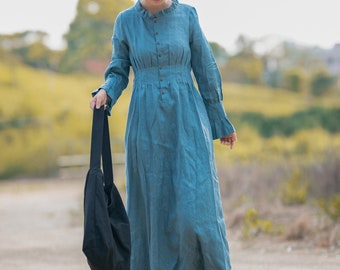 Vestido de la túnica azul, vestido de lino largo caftán, vestido de manga larga, vestido de camisa de lino, vestido de volantes, vestido elegante, vestido de las mujeres más tamaño de la ropa