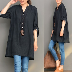 Black linen top linen tunic shirt asymmetrical caftan spring autumn top loose blouse maxi top plus size clothing handmade top custom image 1