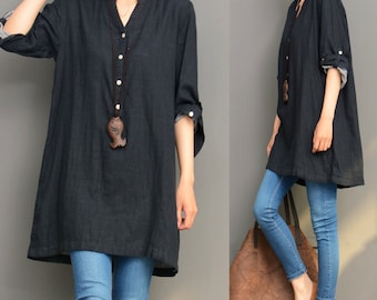 Black linen top linen tunic shirt asymmetrical caftan spring autumn top loose blouse maxi top plus size clothing handmade top custom