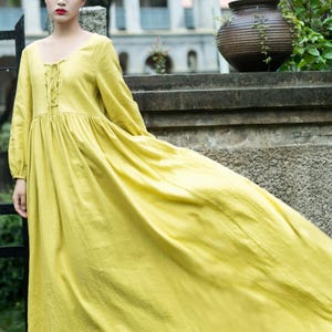 Long sleeve linen dress long pleated dress spring autumn dress full length dress party dress prom dress evening dress plus size clothing