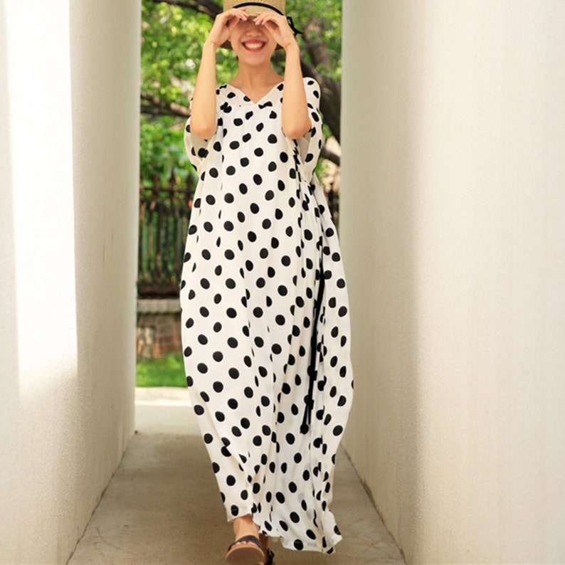 Loose linen summer dress,dots print cotton dress,long shift dress,maxi dress,plus size clothing,custom