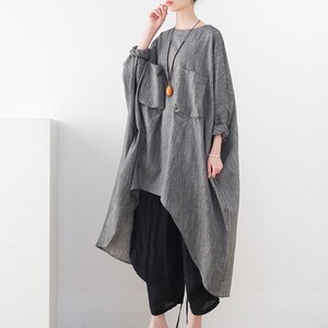 Gray Linen Tunic Top, Big Pockets, Asymmetrical Blouse
