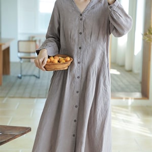 Gray Linen dress,V-neck Linen Shift Dress,Spring Autumn Dress,Smock Linen Dress,Ramie Dress,Prom Dress,Plus Size Clothing,Handmade Dress