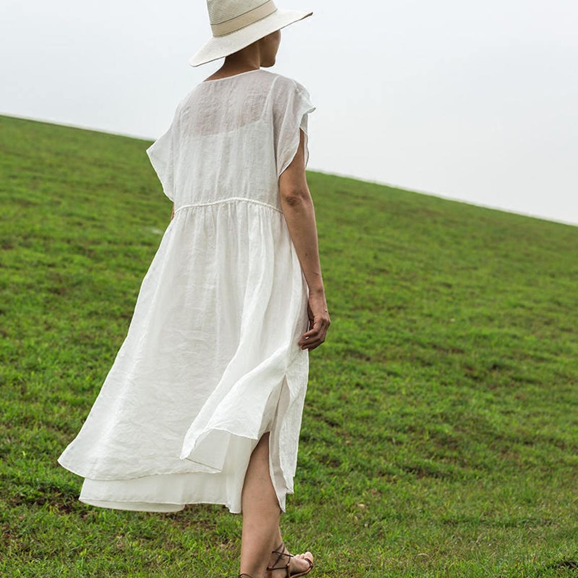 White tunic dress summer dress linen dress large size maxi | Etsy