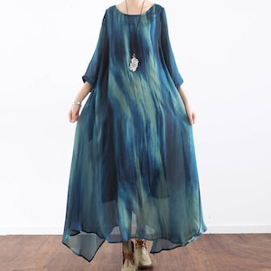 Blue silk dress loose silk cotton dress short sleeve summer dress maxi dress party dress cocktail dress beach dress plus size clothing