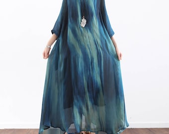 Robe en soie bleue robe en coton ample robe courte robe d’été robe maxi robe de fête robe de plage robe de cocktail plus vêtements de taille