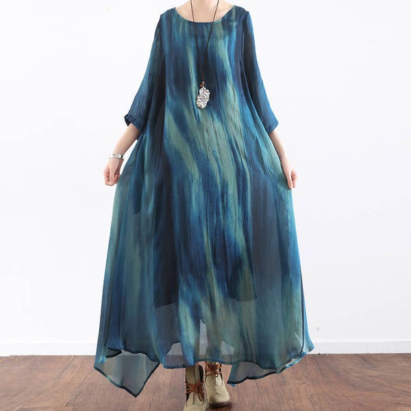 Blue silk dress loose silk cotton dress short sleeve summer dress maxi dress party dress cocktail dress beach dress plus size clothing