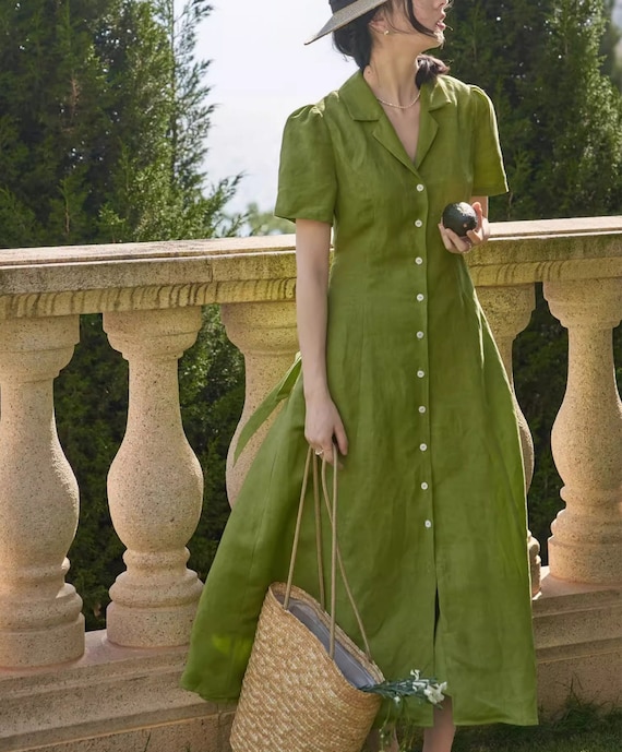 Green Linen Dress,Smock Linen dress,Puff Sleeve Dress,Fit and Flared Dress,Belt Linen Dress,Beach Dress