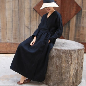 V-neck linen dress,linen caftan,flare dress,long sleeve tunic dress,linen maxi dress,spring autumn dress,plus size clothing,custom