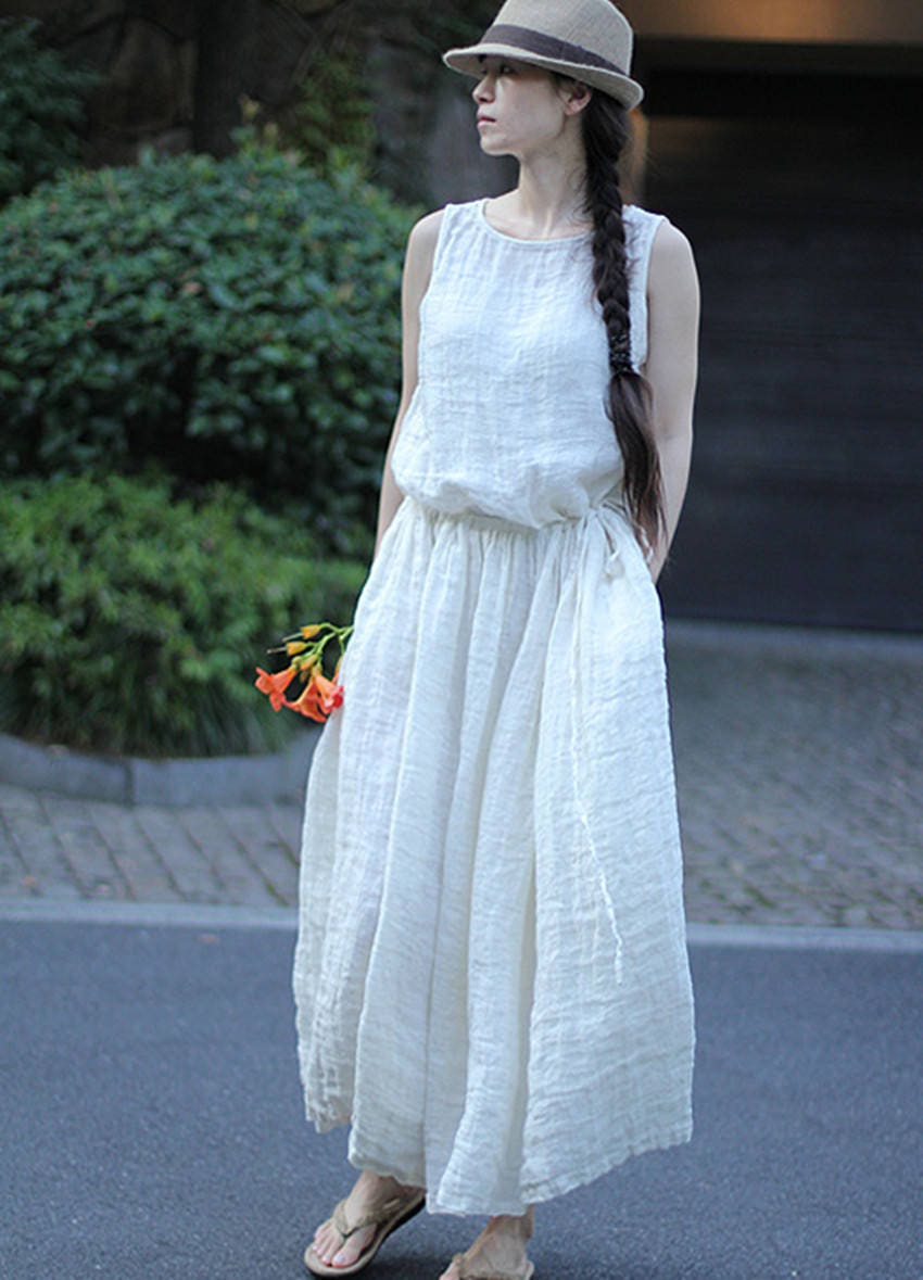 Loose White Dress Long Pleated Dress Sleeveless Summer Dress - Etsy