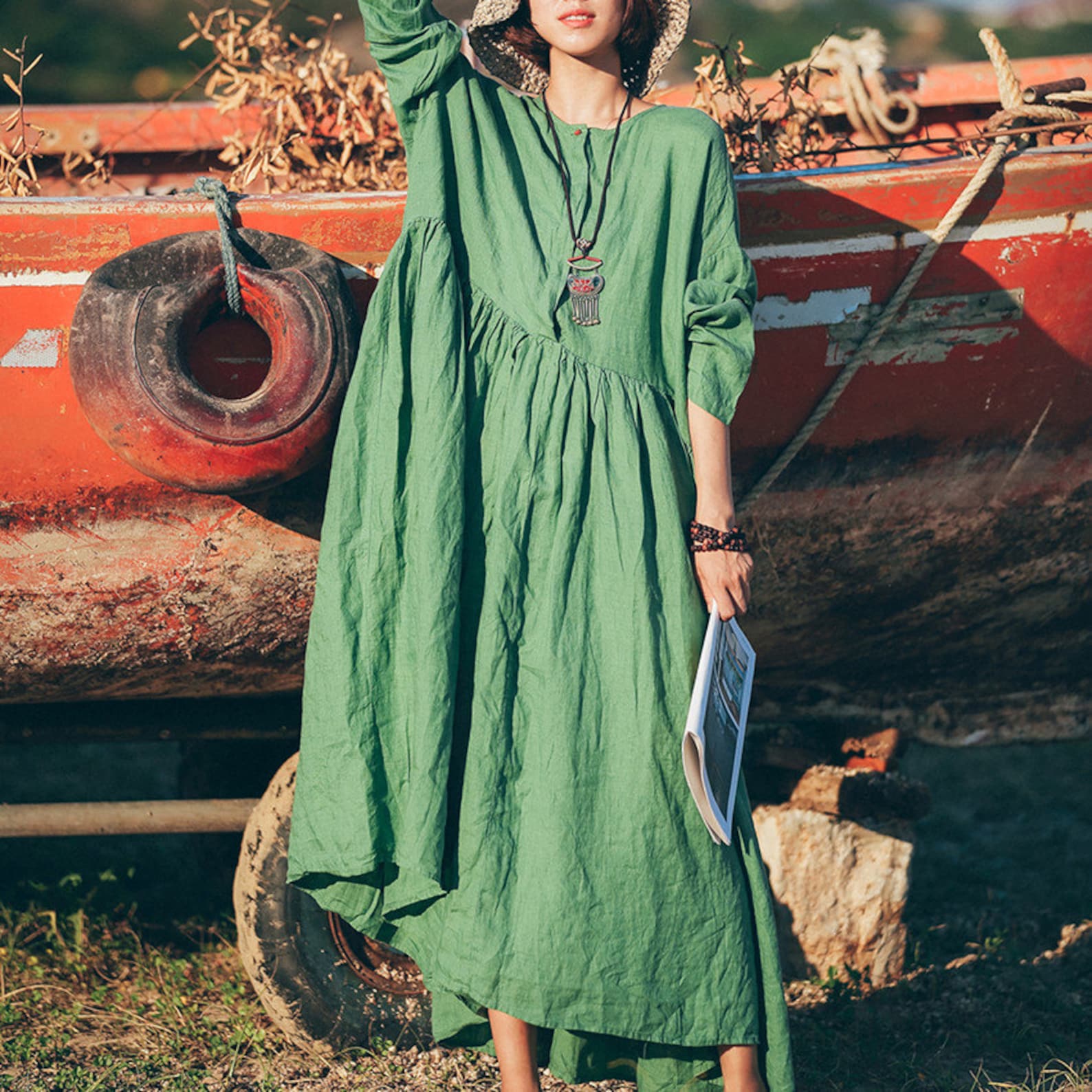 Green linen dress long sleeve tunic dress long winter autumn Etsy