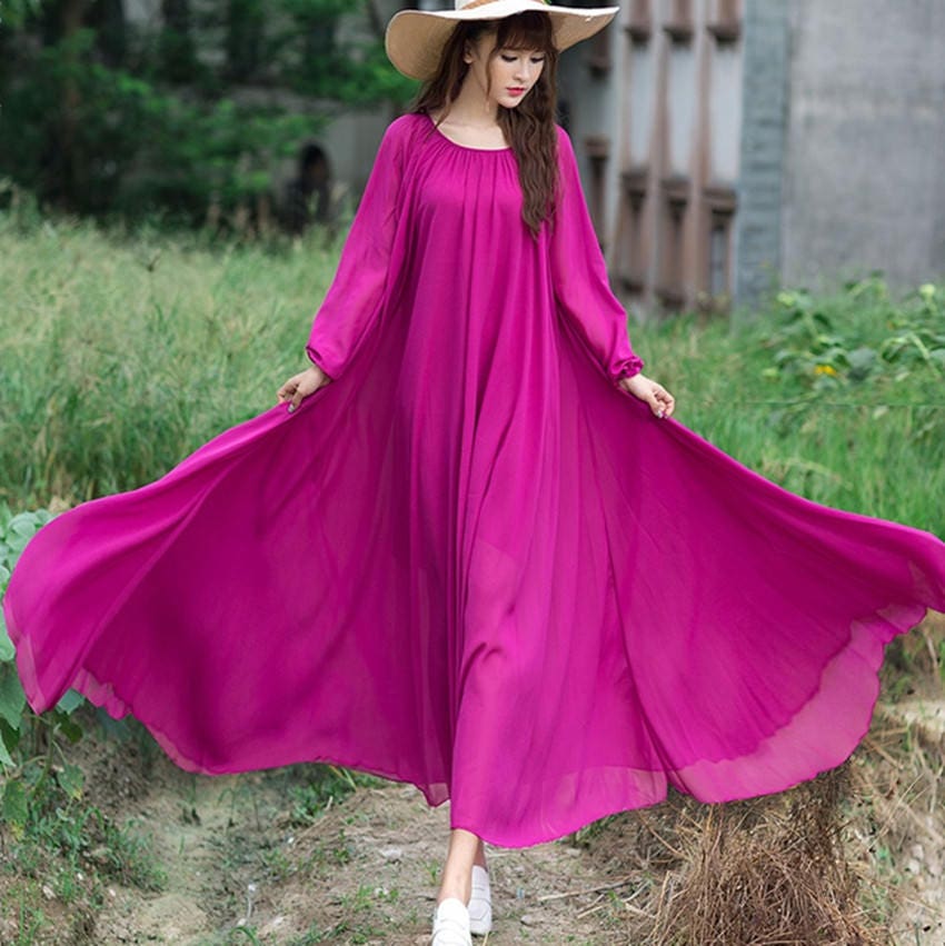 Women Chiffon Dress Long Sleeve Dress Spring Dress Flowy Maxi - Etsy