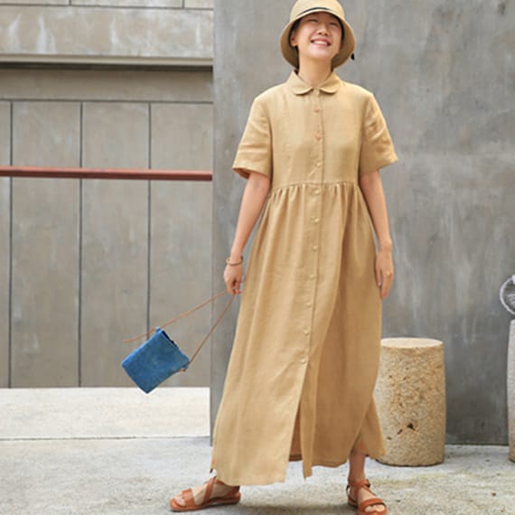 knee length dresses for ladies Linen Khaki Summer Maxi Dress with Obi Belt main image 1