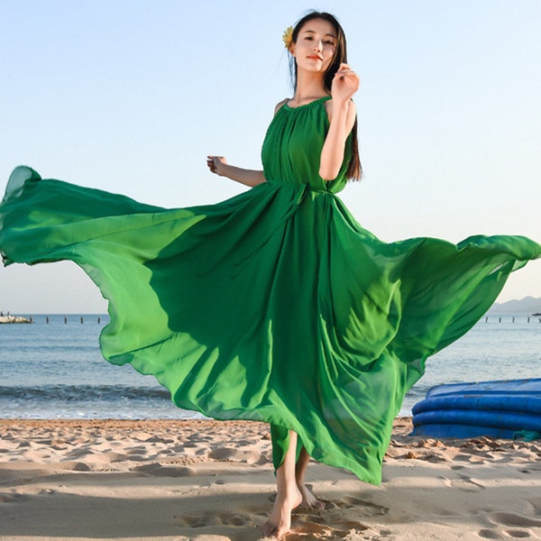 Women chiffon dress sleeveless long dress flowy maxi dress evening dress party dress plus size clothing summer dress