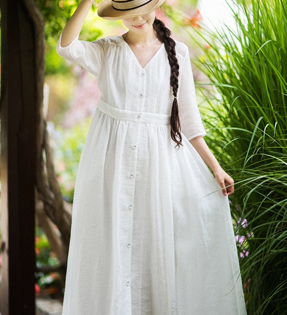 knee length dresses for ladies White Linen Maxi Dress with Belt main image 0