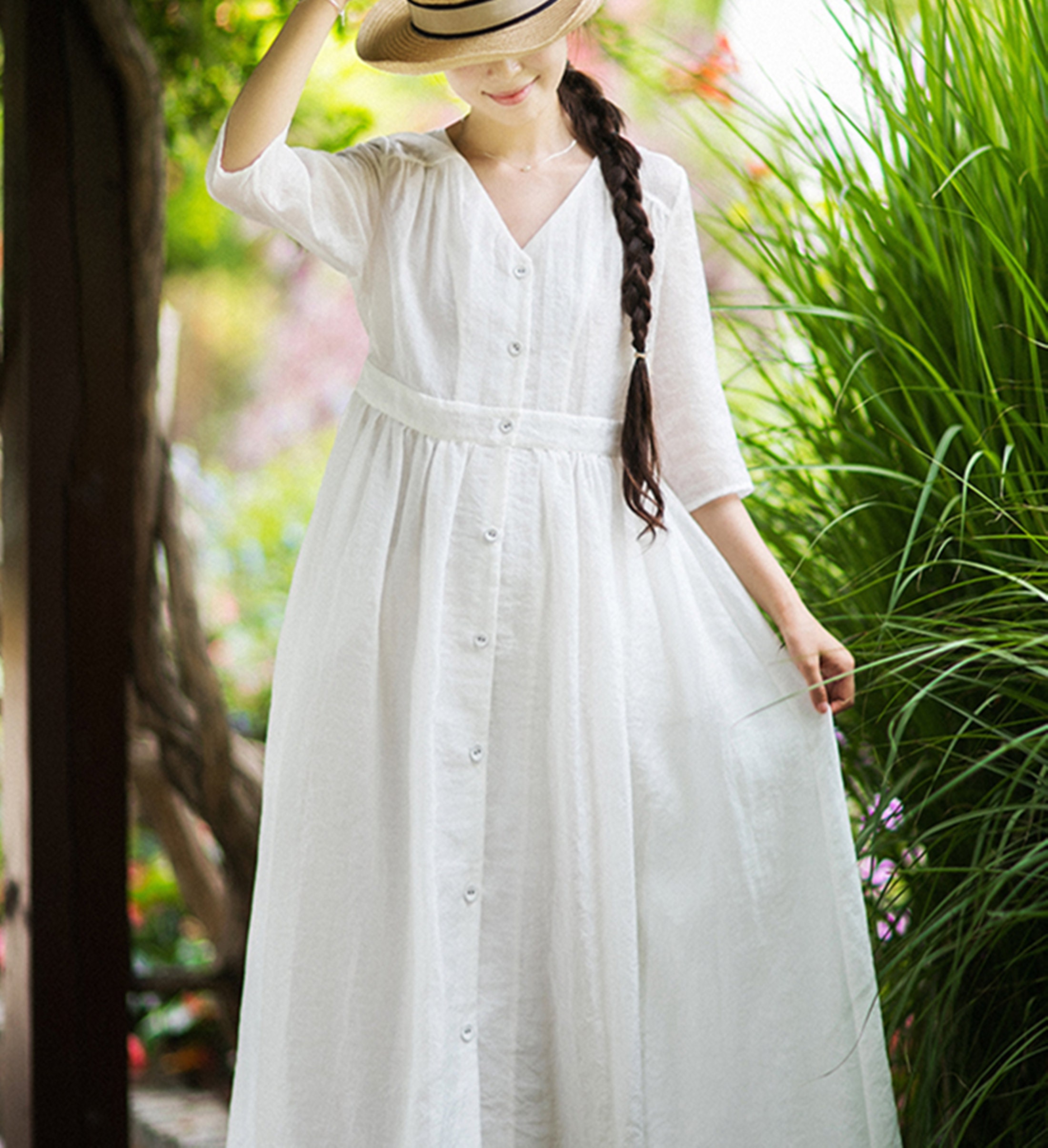 knee length dresses for ladies Embroidered Loose V-neck White Linen Dress — Obiono main image 1