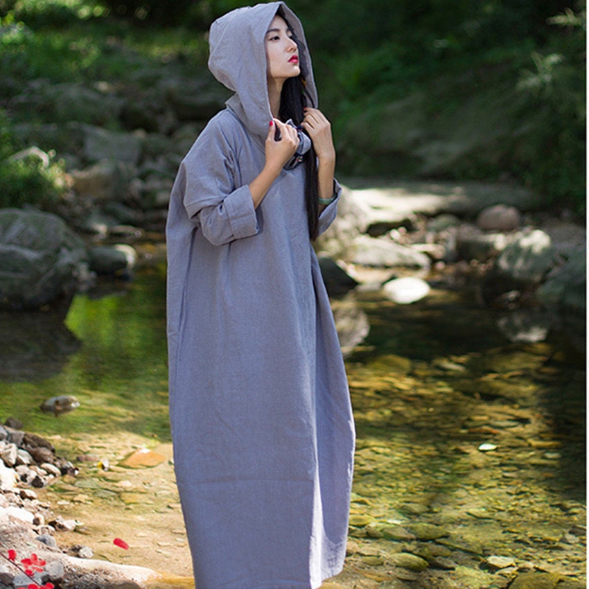 Women autumn loose tunic dress linen hooded linen jacket linen maxi dress long coat dress plus size clothing kaftan linen dress
