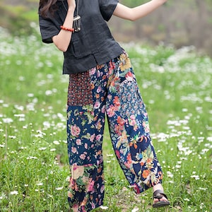 Navy Pant,Patch-work Linen pants,wide legged trousers,baggy pants,Casual Pant