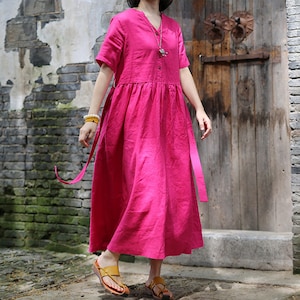 Summer linen dress short sleeve linen tunic dress loose cotton dress long pleated dress plus size clothing handmade dress