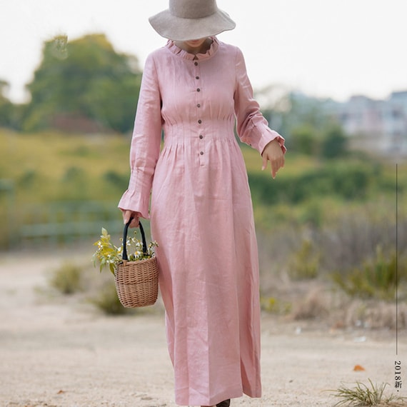 Pink Tunic Dress,Long Kaftan Linen Dress,Long Sleeve dress,linen Shirt Dress,Ruffle Dress,Elegant Dress,Women Dress Plus Size Clothing