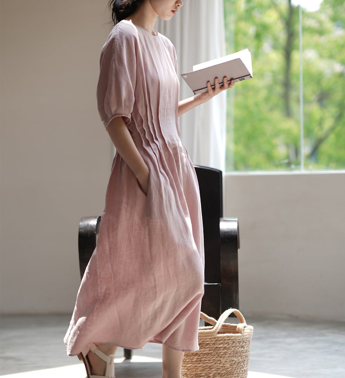 Pink Summer Dresspuff Sleeve Linen Dressloose Linen - Etsy