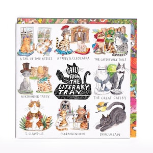 Contos da bandeja literária * Trocadilhos de gatos * Trocadilhos de livros * Cartão para amantes de livros * Cartão de aniversário *