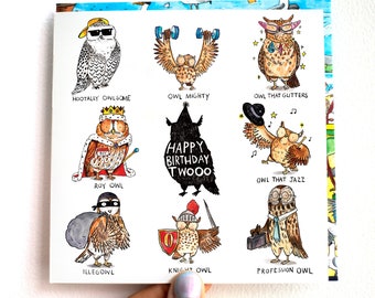 Happy Birthday Twooo * Owl Pun Card * Humour Illustration * Animals Birds Silly Funny * Jelly Armchair Cat Faulkner *