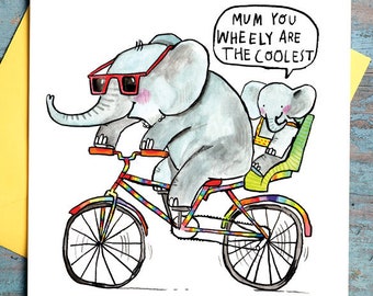 Funny Mum Birthday Card: Elephant Bicycle Pun, Mother's Day