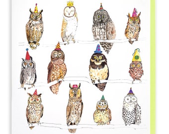 Owls in Party Hats - Greetings Card - Animal Party  - Humour - Cute - nature