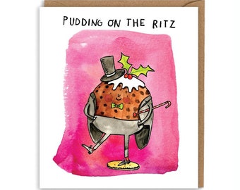 Tarjeta navideña de Pudding On The Ritz, juego de palabras para amantes de la comida