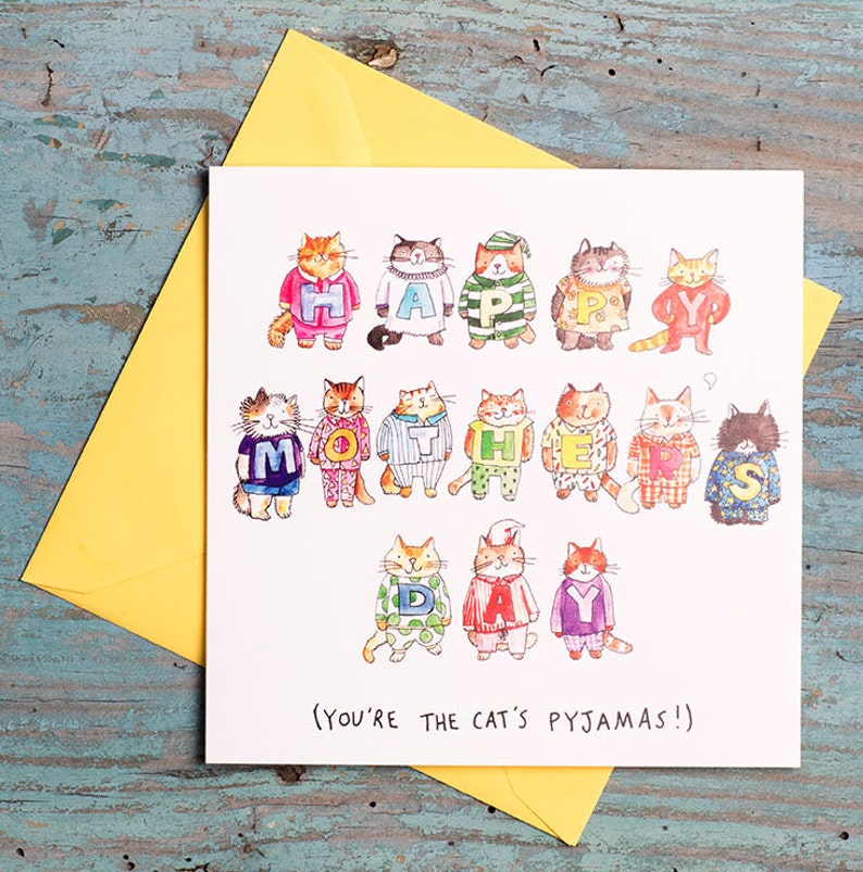 Happy Mother's Day You're the cat's pyjamas Mother's Day Card humour cats cute illustration watercolour image 1