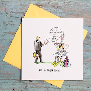 May include: A white bunny wearing a bow tie sits in a chair with a smaller white bunny in its lap. The bunny says "I've been eggspecting you... M'Easter Bond." A man in a suit holds a basket of colorful eggs and a card that says "Happy Easter". The text at the bottom of the card says "The Sin-Easter Bunny".