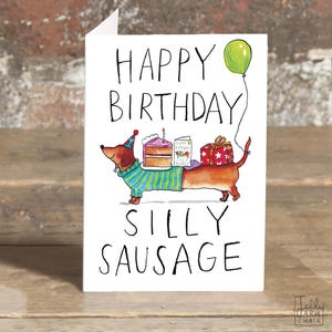Happy Birthday Sausage * Dackel Geburtstagskarte * Glückwunschkarte * Kuchengeschenk und Ballonzeichnungen auf Hund Geburtstagskarte
