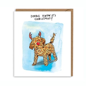 Doodle sabe que é Natal * Cartão de Natal Labradoodle * Trocadilho com cachorro de Natal * Animais de estimação de Natal