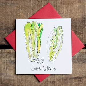Amo alface. Cartão de Dia dos Namorados. Cartões de trocadilhos humorísticos. Engraçados. Humorísticos. Vegetarianos. Gourmets. Salada.