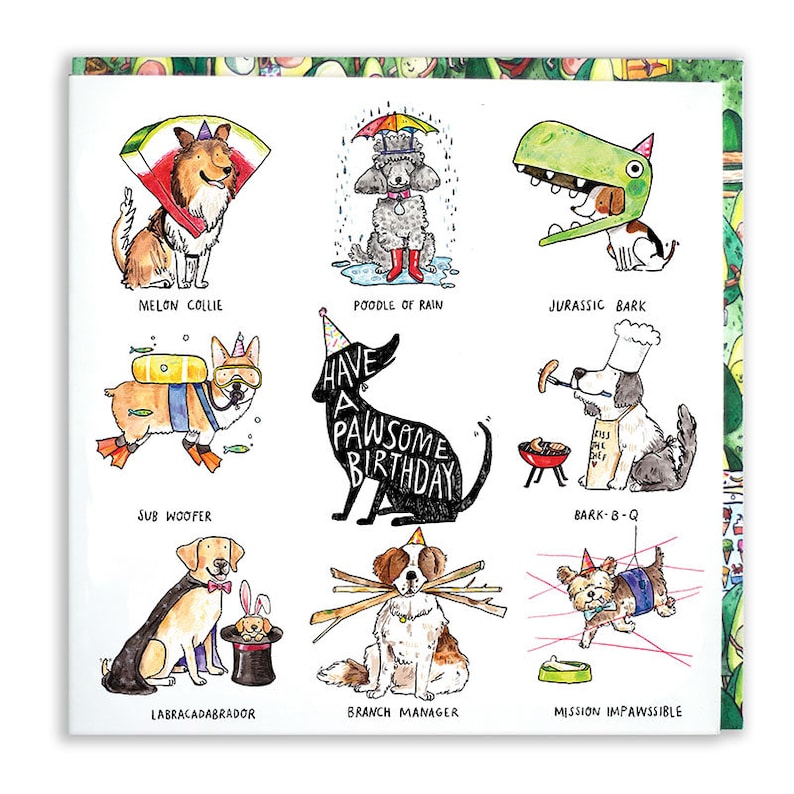 May include: A white card with a colorful illustration of nine dogs in different costumes. Each dog has a funny name and a caption below it. The card says "Have a Pawsome Birthday!"